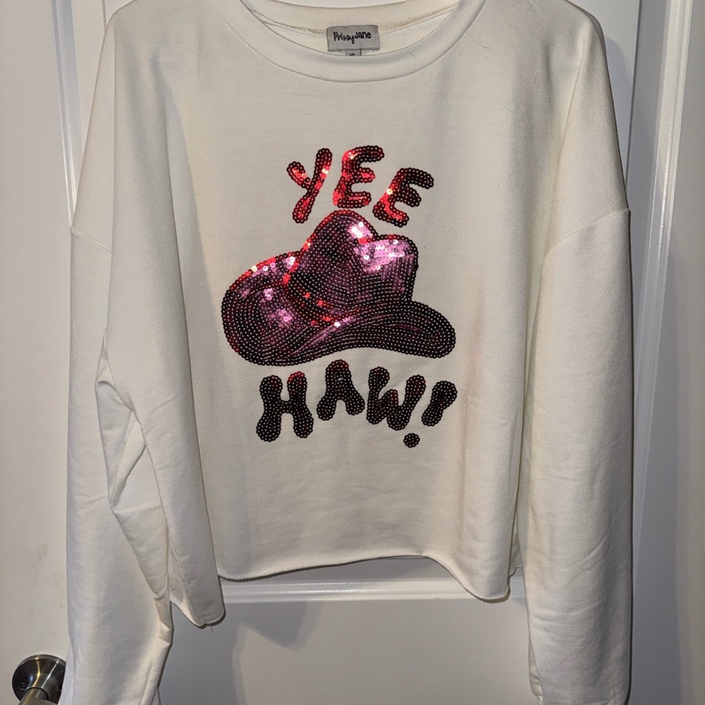 White Yee Haw Sequin Sweatshirt size XL Cowboy hat